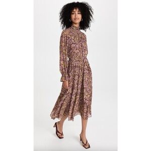 Cinq à Sept Amari Midi Dress Multicolor High Neck Long Sleeve Brown Size Medium